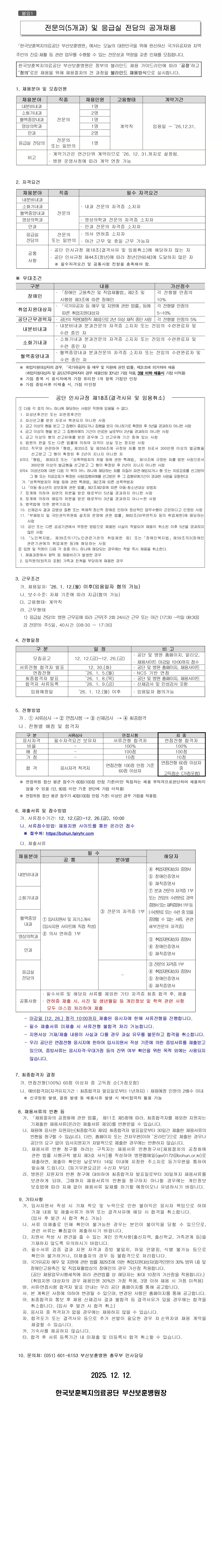 전문의(5개과) 및 응급실 전담의 공개채용 이미지입니다. 자세한 설명은 하단내용 참고.