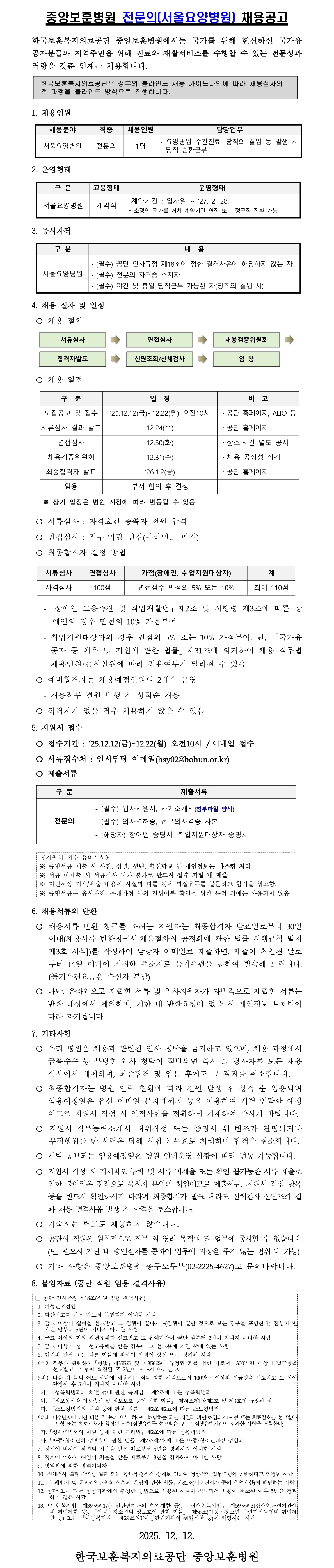 중앙보훈병원 전문의(서울요양병원) 채용공고 - 상세내용 하단 참조